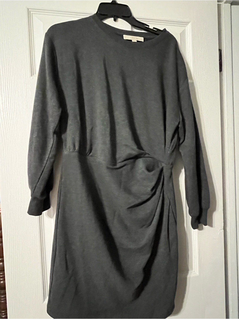 LOFT Charcoal Gray Long-Sleeve Ruched Knit Dress